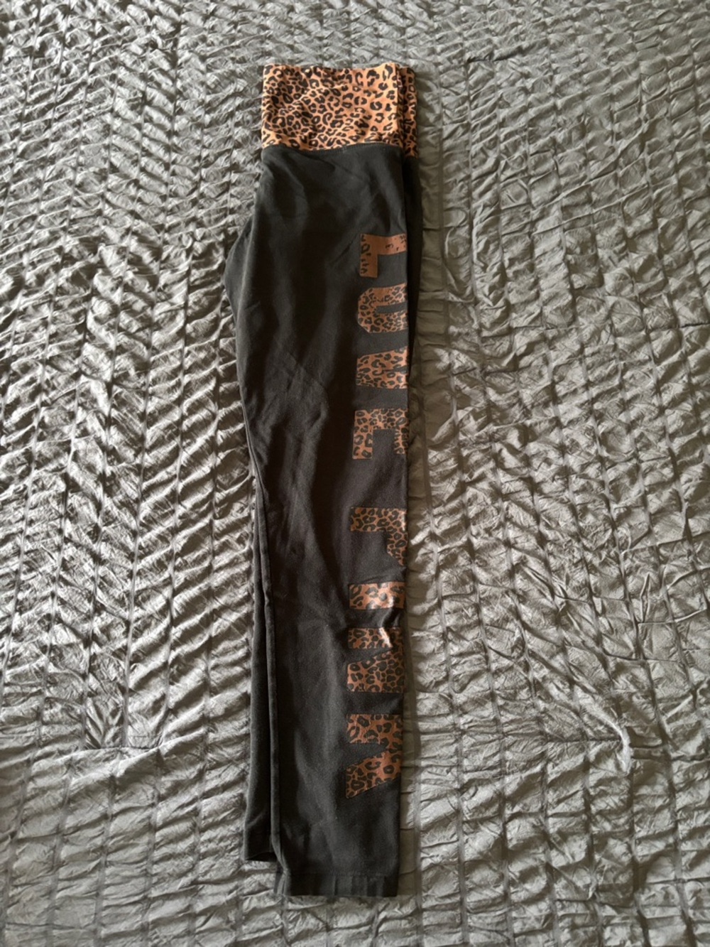 PINK Victoria's Secret Black Leggings with Leopard Print Waistband and Logo